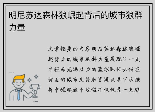明尼苏达森林狼崛起背后的城市狼群力量