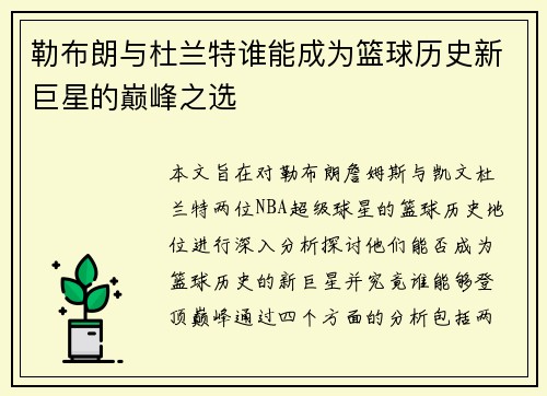勒布朗与杜兰特谁能成为篮球历史新巨星的巅峰之选