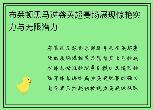 布莱顿黑马逆袭英超赛场展现惊艳实力与无限潜力