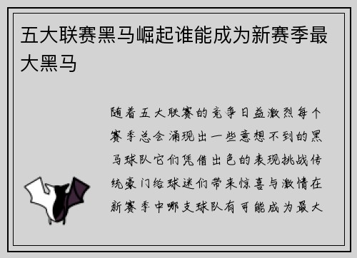 五大联赛黑马崛起谁能成为新赛季最大黑马